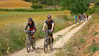 grupo de gente andando en bici por un camino